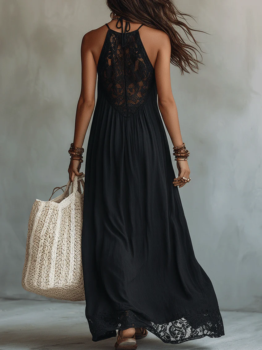 Vestido Maxi Negro Estilo Bohemio, Sin Mangas, con Ribete de Encaje