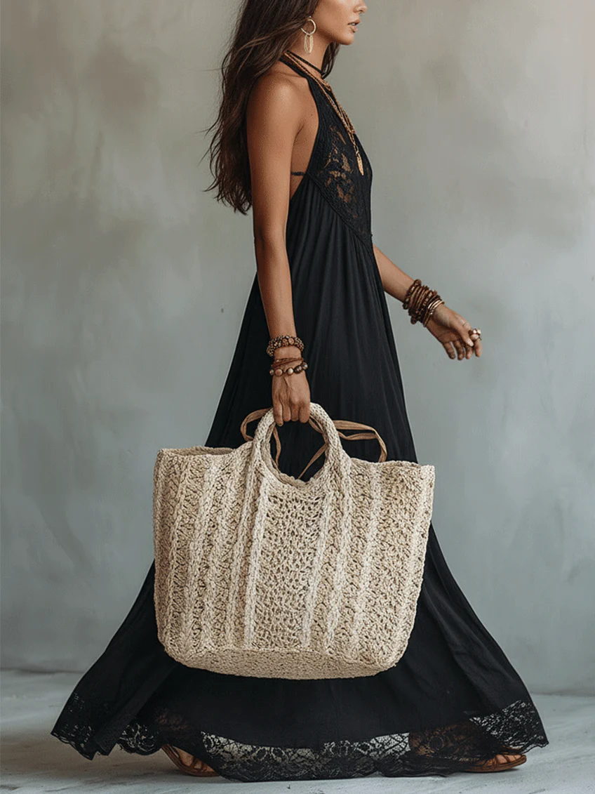 Vestido Maxi Negro Estilo Bohemio, Sin Mangas, con Ribete de Encaje