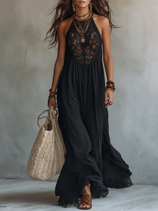 Vestido Maxi Negro Estilo Bohemio, Sin Mangas, con Ribete de Encaje