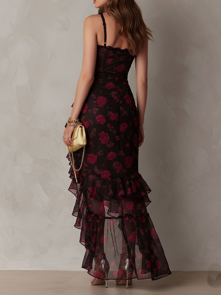 Vestido Chic Floral Negro y Rojo con Fruncido y Dobladillo de Volantes