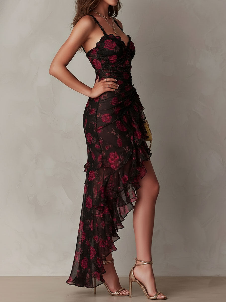 Vestido Chic Floral Negro y Rojo con Fruncido y Dobladillo de Volantes