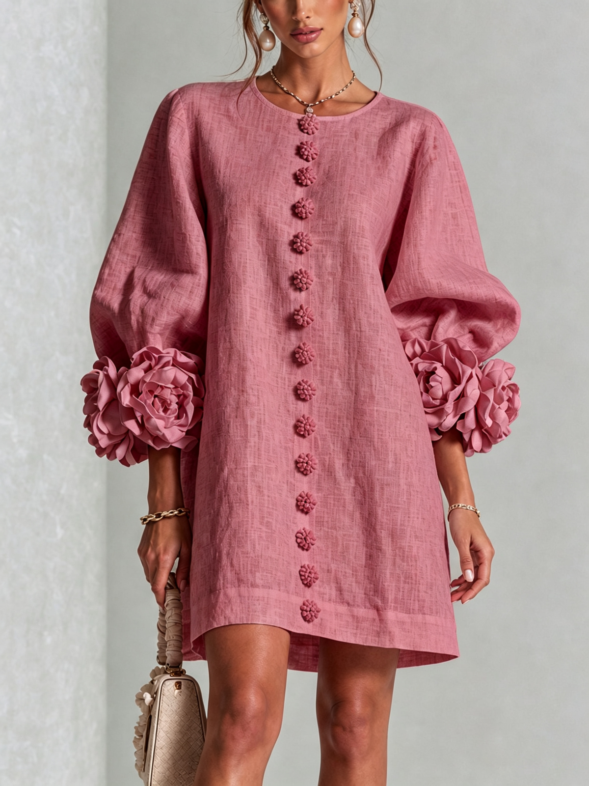 Clara | Vestido Mini con Botones y Puños Florales