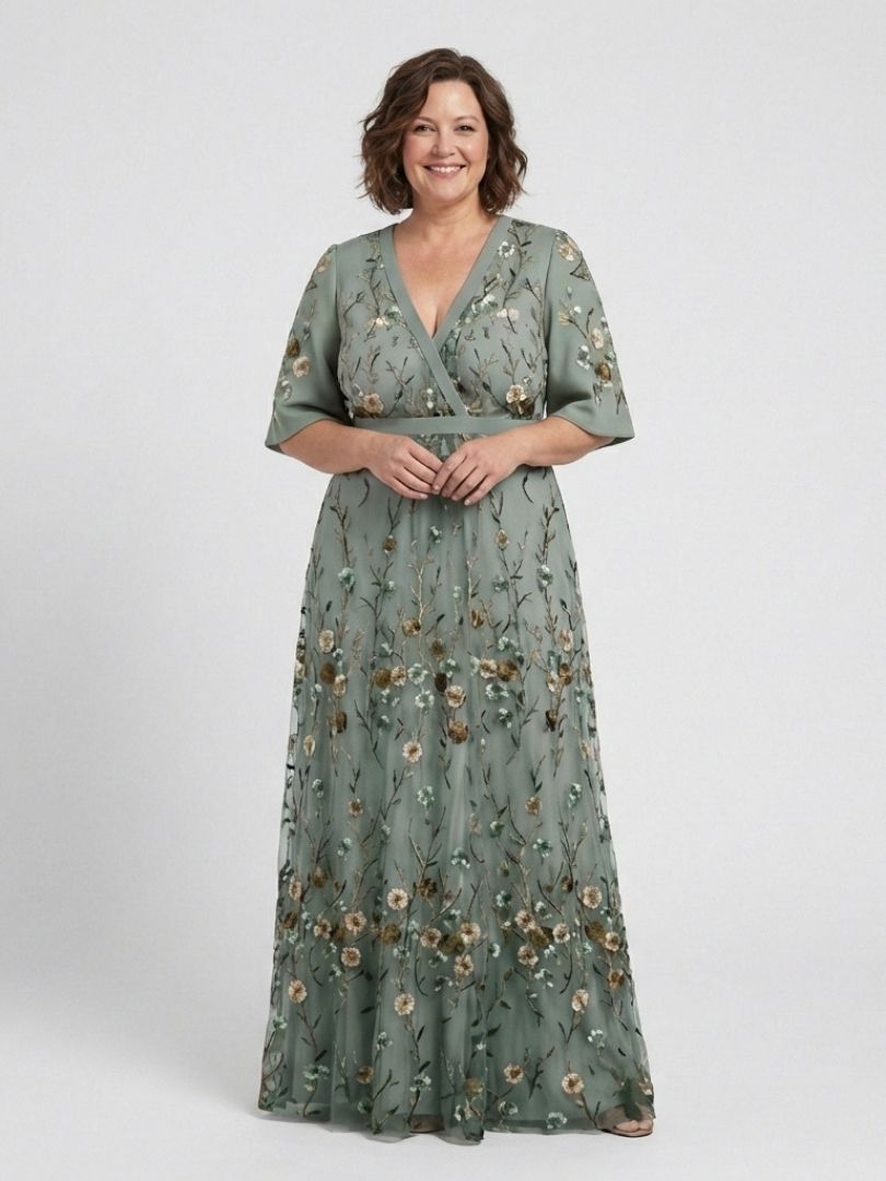 Evadne | Vestido Maxi Floral con Cuello en V y Manga Corta