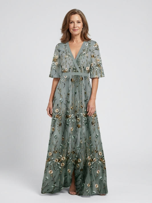 Evadne | Vestido Maxi Floral con Cuello en V y Manga Corta