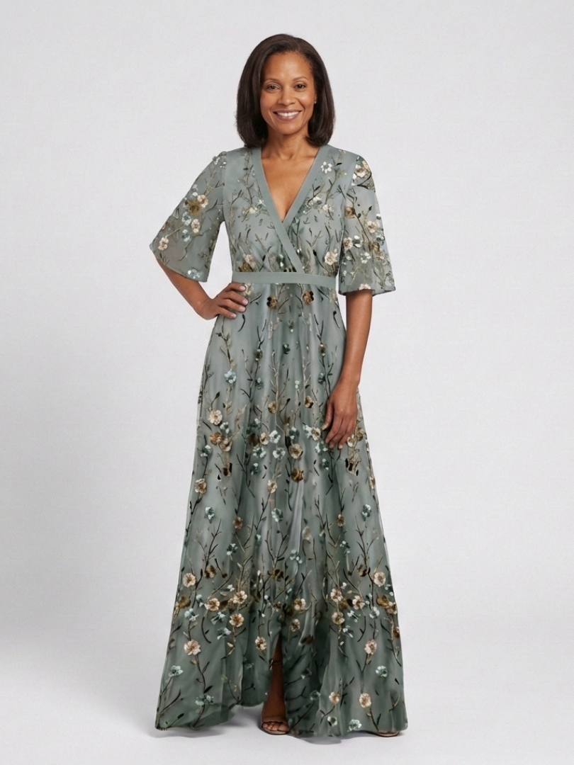 Evadne | Vestido Maxi Floral con Cuello en V y Manga Corta