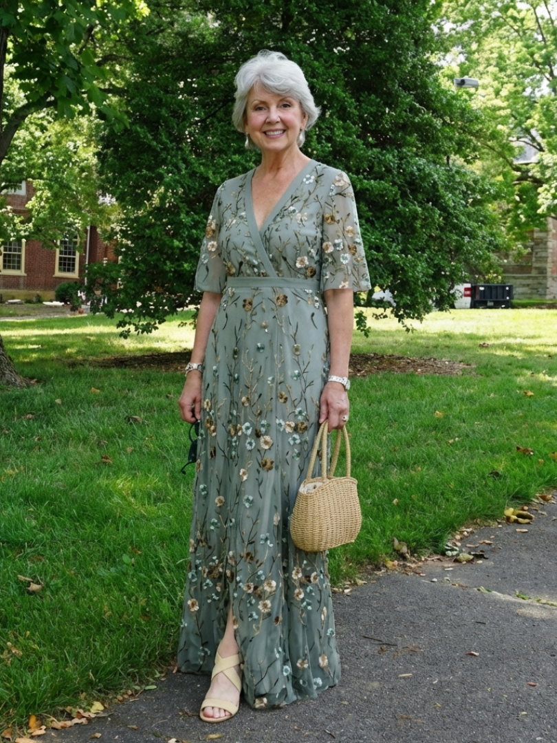 Evadne | Vestido Maxi Floral con Cuello en V y Manga Corta