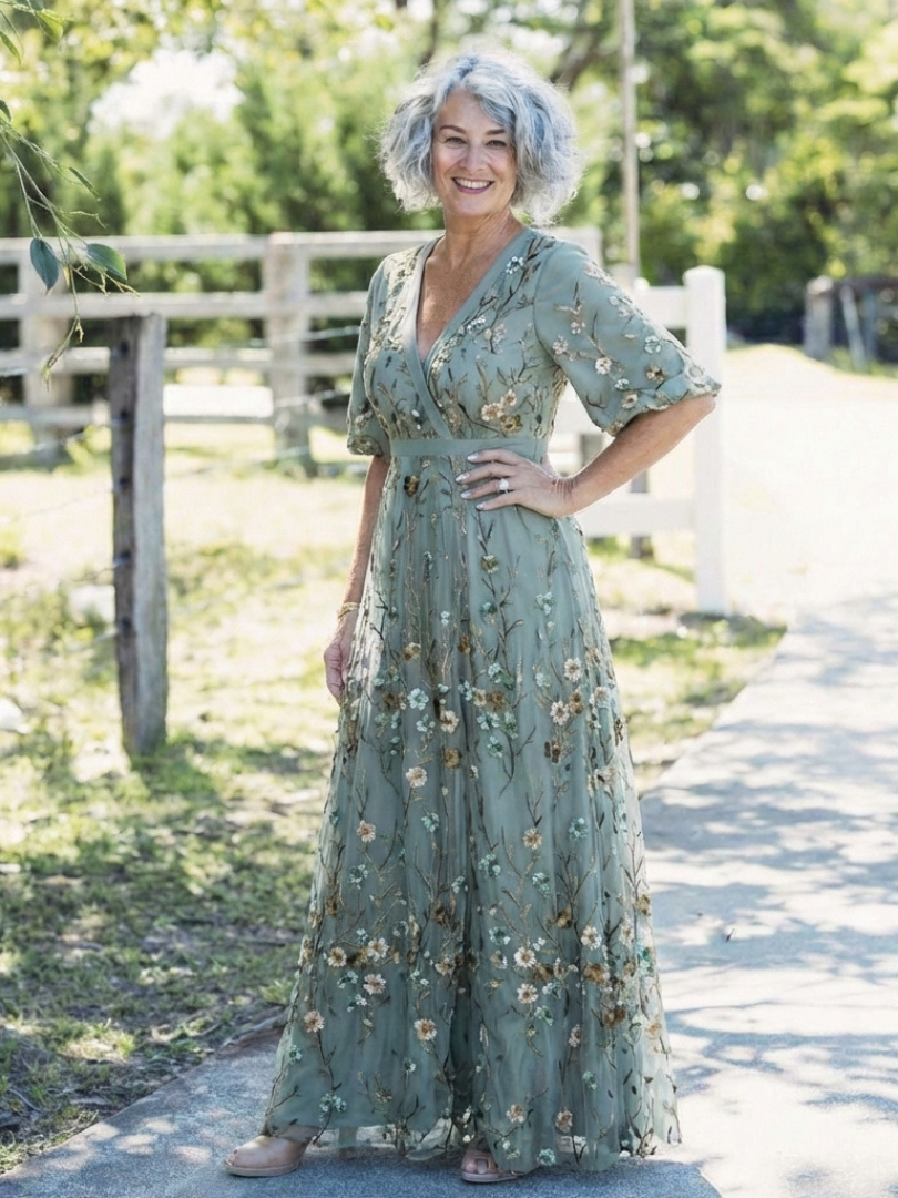 Evadne | Vestido Maxi Floral con Cuello en V y Manga Corta